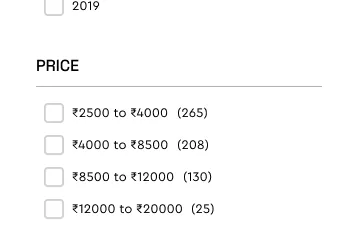 Price bands, each showing how many products match.
